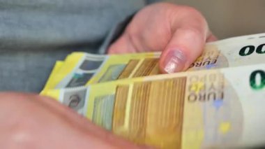 Para sayma. Paranın yeniden hesaplanması. 200 avroluk banknotlar halinde. AB ülkelerinde enflasyon. Euro döviz kurları. Avrupa ülkelerindeki giderler ve gelirler. 4k görüntü