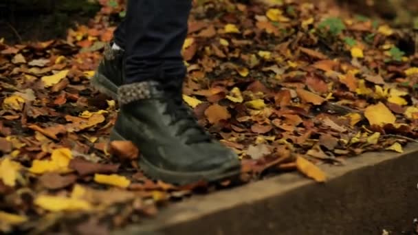 Passeggiata Nella Foresta Autunnale Gambe Stivali Pelle Scendono Scale Legno — Video Stock