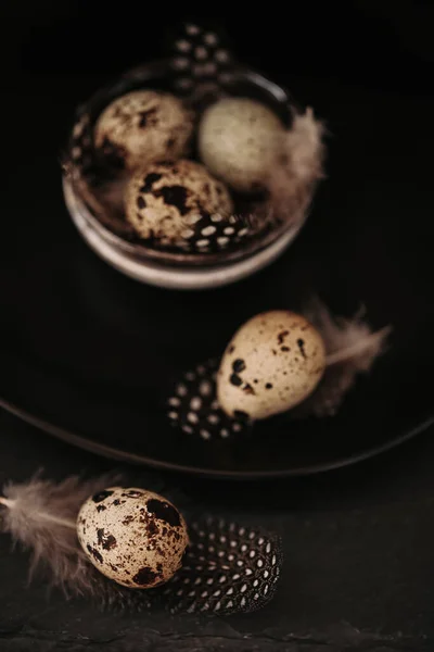 Quail Eggs Plate Black Background Organic Natural Bio Quail Eggs — Stock Photo, Image