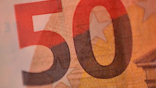 Moneta Euro Cinquanta Banconote Euro Close Banconota Euro Luce Rossa — Video Stock