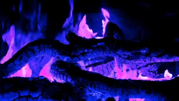 恐怖可怕的篝火 万圣节篝火在黑暗中 蓝色的火焰在火中 魔法照明弹 蓝色背景的火焰 女巫篝火 4K镜头 — 图库视频影像