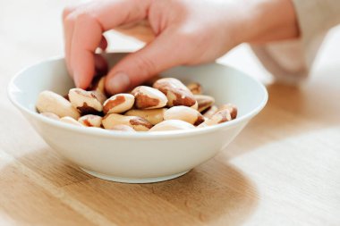Fındık. Brezilya fındık kabı ahşap bir masanın üzerinde. Diyetteki sağlıklı yağlar. El, Brezilya fındıklarını yakın plandan alıyor. Faydalı, sağlıklı bir atıştırmalık. Brezilya fıstığı diyette.