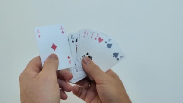 Tarjetas Juegos Cartas Diamantes Mano Sobre Fondo Claro Mesa Gambling — Vídeo de stock