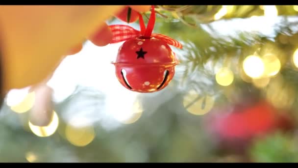 Рождественская Елка Украшения Колокольчиками Hand Ставит Красный Колокол Ветке Елки — стоковое видео
