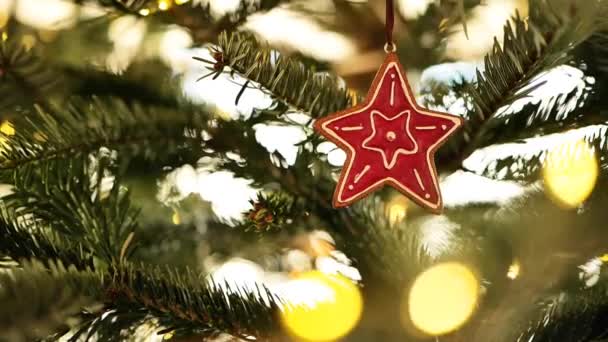 Brinquedos Natal Estrela Cerâmica Vermelha Bokeh Brilhante Guirlandas Ramo Abeto — Vídeo de Stock