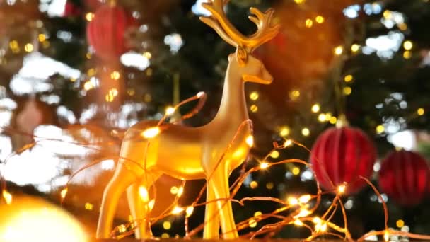 Vánoční Dekorace Zlatý Jelen Zářící Girlands Vánoční Stromeček Pozadí Vánoční — Stock video