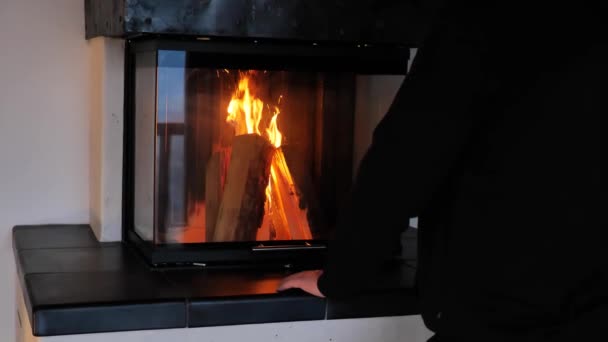 Man Fireplace Winter Holidays Loneliness Thoughtfulness Concept Man Goes Fireplace — Stock Video