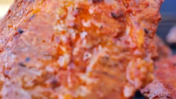 豚肉焼き Bbq グリル 揚げた豚肉 グリル肉4K映像付き屋外ピクニック — ストック動画