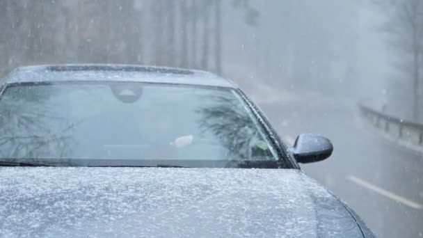 Auto Sněžení Večerní Sněžení Zasněžené Silnici Autem Výlet Zimě Zasněžené — Stock video