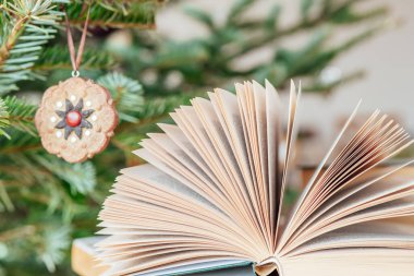 Noel kitapları. Sade kitap. Noel ve yeni yıl için tatil kitapları. Noel ağacı arkaplanı üzerine açık bir kitap. Noel ve kış temaları hakkında kitaplar.