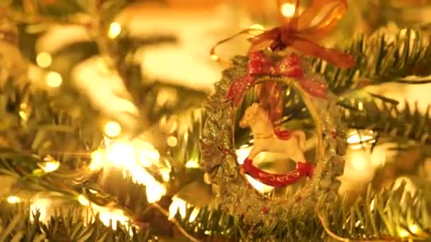 Choinka Vintage Decor Wreath Koniem Wstążce Wysokiej Jakości Materiał — Wideo stockowe