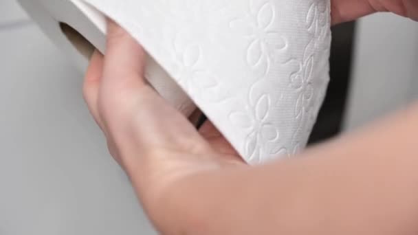 Toilettenpapierrollen Ersetzen Der Toilettenpapierrolle Hände Legen Eine Neue Rolle Toilettenpapier — Stockvideo