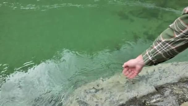 Água Rio Montanha Mão Toca Água Limpa Mão Recolhe Gotas — Vídeo de Stock