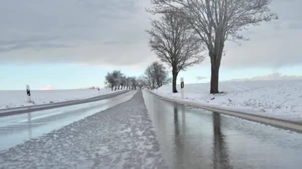 Zimní Cesta Stromy Sněhu Podél Silnice Krásné Purpurově Modré Nebe — Stock video