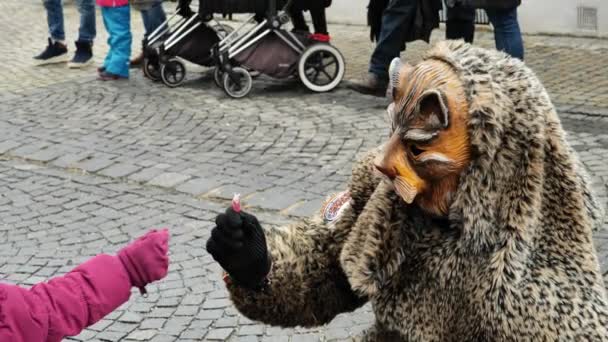 Processione Maschera Persone Costume Leopardo Distribuiscono Caramelle Interagiscono Con Gli — Video Stock