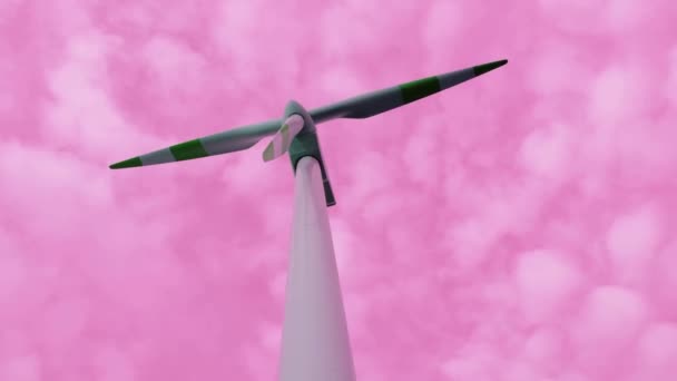 Ветряная Турбина Розовом Небе Ветрогенератор Розовых Облаках Энергия Ветра Через — стоковое видео