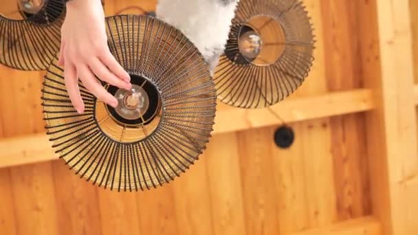 Очистка Потолков Cleaning Pendant Lights Fluffy Broom Cleaning Lamp Wiiping — стоковое видео