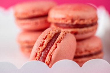 Makarna kekleri. Pembe arka planda beyaz karton kutuda pembe makaronlar. Tatlılar ve tatlılar. Fransız hamur işleri hazır. Çok renkli makaronlar yakın plan. Çeşitli tatlı hamur işleri.. 