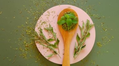 Stevia Rebaudiana. Taze ve kurumuş sazlık yaprakları yeşil bir arka planda pembe bir podyumda tahta bir kaşıkta. Sebze tatlandırıcı. Stevia özü. Alternatif Düşük Kalorili Tatlandırıcı.. 
