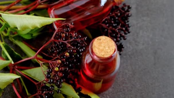 Fläderbär Medicinsk Sirap Och Fläderbär Berries Homeopatiska Rättsmedel Bilder — Stockvideo