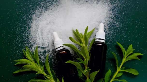 Stevia Extract Liquid Stevia Powder Green Leaves Dark Green Background — Stock Video