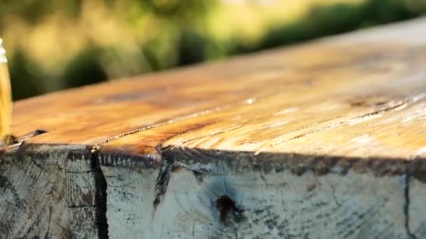 木のためのオイル ブラシはオイルが付いている木板を飽和させます 保護オイルが付いている木のテーブルの浸透 4K映像について — ストック動画