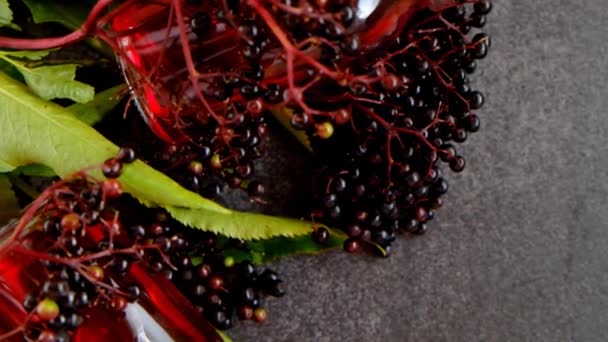 石板背景下的接骨木莓药用有益糖浆和成熟接骨木莓 — 图库视频影像