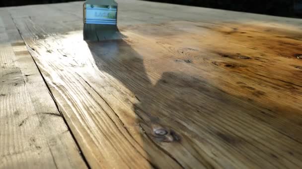 Børst Overfladen Træbord Solen Maleri Oliering Træoverflader Olie Lak Til – Stock-video