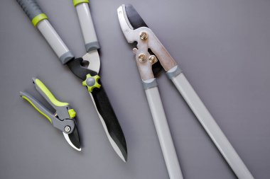 Çiçekleri budamak ve budamak için araçlar. Gri zemine kurulmuş çelik bahçe aracı. Secateurs, loppers and trimmers. Bahçe ekipmanları ve araçlar. Budama ve budama bitkileri için araçlar.