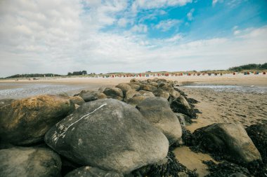 Sahilde yakın plan Stone Groyne. Düşük gelgitte kumsalda taş kayalar. Kuzey Denizi kıyılarının doğası. Almanya 'nın Frisian Adaları. Denizde dinlen.. 