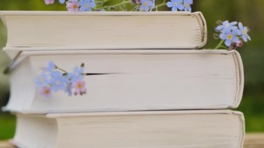 Unutulmayan şeyler ve kitaplar. Bahar bahçesinde bir yığın kitap ve mavi unutmayan çiçekler. Bitkiler ve çiçekler hakkında kitaplar. Romantik kitap.4k görüntüleri