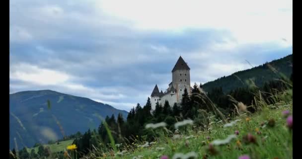 Château Médiéval Dans Les Montagnes Dans Champ Fleurs Sous Ciel — Video