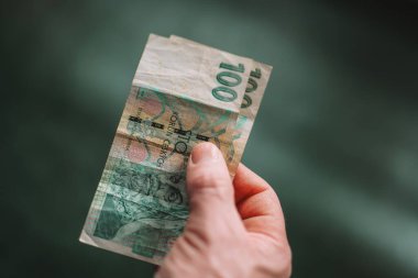 Yeşil geçmişi olan bir adamın elinde 100 Çek kuruşu var. Çek paralarını sayıyorlar..