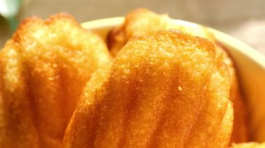 Lemon Madeleine. Fransız geleneksel pastaları. Sarı seramik kasede Madeleine bisküvisi. 4k görüntü