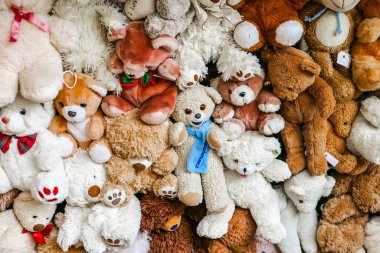 Oyuncak ayı. Süveter ve elbise giymiş eski püskü oyuncak ayı. Çocuk oyuncakları grubu. Oyuncak dükkanı. Çek Cumhuriyeti 'ndeki yumuşak ayılar müzesi. 