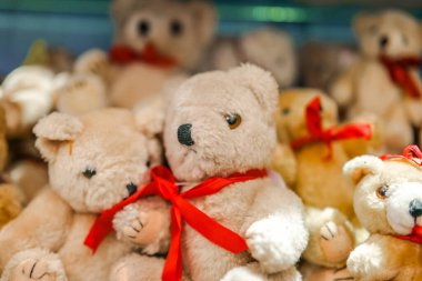 Çek Cumhuriyeti 'ndeki oyuncak ayı müzesi. Süveter ve elbise giymiş oyuncak ayılar. Oyuncak ayı. Kapatın. Shabby. Oyuncak grubu. Oyuncak geçmişi var. 