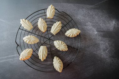  Madeleine bisküvisi, beyaz kremalı. Tereyağlı kurabiye. Siyah bir arka planda ızgarada tereyağlı pastalar. Fransız kurabiyeleri.. 