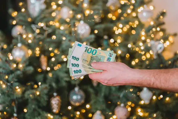 Noel harcamaları. Kış tatillerinde ödenecek paralar. Erkekler, çelenklerle süslenmiş bir Noel ağacının şenlikli zeminine karşı avroluk banknotları sayıyor. Noel ve Yeni Yıl alışverişi ve