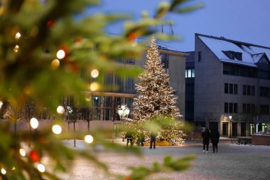 Karlı Noel caddelerinde çelenkleri olan Noel ağaçları. İnsanlar, karlı bir şehirde süslü Noel ağaçlarının yakınında resim çekiyorlar. Şenlikli atmosfer