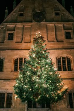 Yılbaşı ağacı, Almanya 'nın merkez meydanındaki belediye binasında, karanlıkta. Avrupa' da Noel zamanı. Almanya 'da Noel atmosferi.