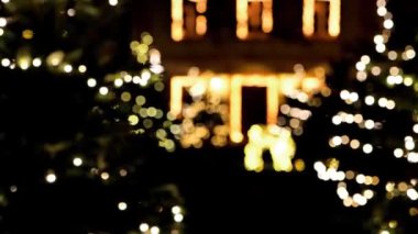 Parlayan Noel Ağaçları Arkaplanı. Köknar ağaçlarında parlayan çelenkler. Parlayan Noel duvarları. Karanlıkta Noel ağacı süslemeleri. Noel ve yeni yıl havası. 