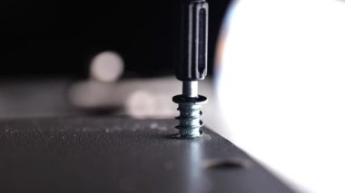 Bir vida ve matkap makro çekim ve yakın çekim mürettebat. Matkap, metal vidayı tahta tahtaya vidalıyor. İnşaat ve marangozluk işi. 4k görüntü