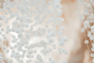 Bokeh özgeçmişi olan yumuşak beyaz ponponlar. Yüzen elementlerle soyut beyaz dokusu. Bokeh Arkaplanlı Beyaz Dekorasyon 