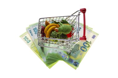 Market sepeti parası. Yiyecek ve bakkaliye fiyatları. Beyaz arka planda market sepeti ve avro banknotları izole edilmiş..