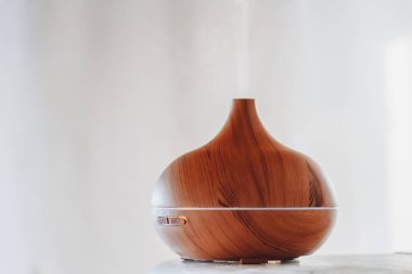  Parlak bir odada ahşap hava nemlendirici. İçerideki havanın nemlendirilmesi. Su buharı. Evin içinde sağlık aletleri var. Sağlık ve konfor kavramı. 
