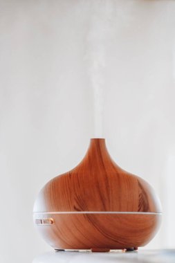 Buhar Efektli Tahta Aroma Yayıcı. İçerideki havanın nemlendirilmesi. Su buharı. Parlak bir odada ahşap hava nemlendirici. İç mekanda sağlık aletleri. Sağlık ve konfor kavramı. 
