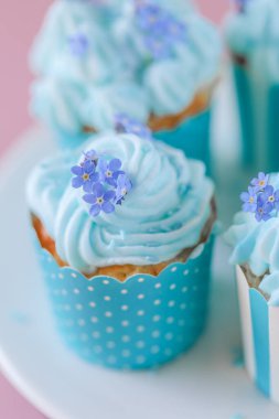 Çiçekli kekler. Mavi kremalı kekler ve pembe arka planda unutulamayan çiçekler. Yenilebilir çiçekli mavi kremalı kekler. Taze pişmiş ürünleri süslemek için taze çiçekler.