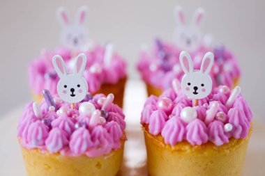 Pembe ve mor kremalı Paskalya Tavşanı Kekleri. Katolik ve Ortodoks tatilleri. Bahar tatilleri için pişmiş yiyecekler. Pasta üzerine şirin tavşan süslemesi.