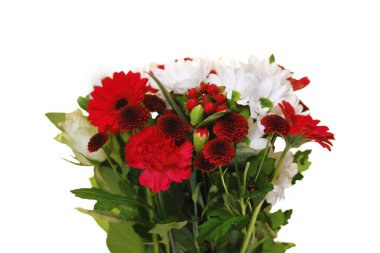 Beyaz arka planda izole edilmiş bir buket çiçek. Beyaz papatyalar ve beyaz arka planda kırmızı karanfiller. Kırmızı ve beyaz çiçeklerin canlı buketi.