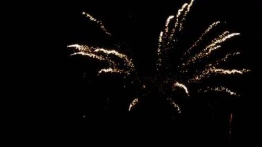 Gece gökyüzünde havai fişekler. Siyah arka planda kutlama selamı. Siyah bir arka planda havai fişeklerin altın kıvılcımları ve pınarları. 